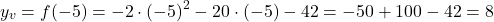 \[ y_v = f(-5) = -2 \cdot (-5)^2 - 20 \cdot (-5) - 42 = -50 + 100 - 42 = 8 \]
